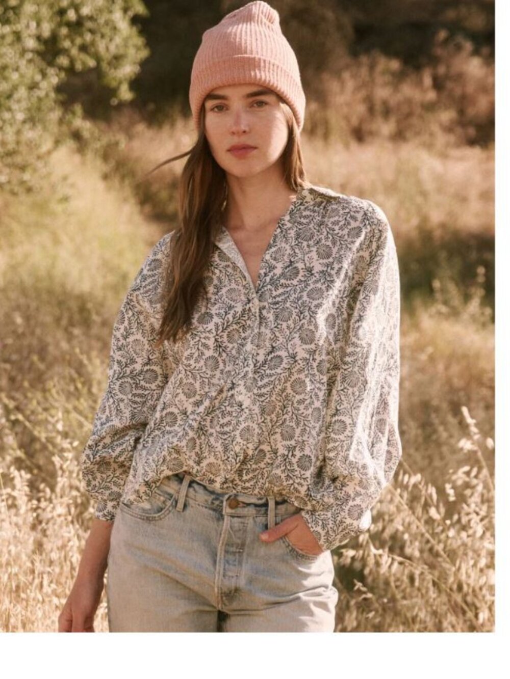 The Great. The Estate Button Up in Feather Grass Block Print Blue Sz 1 (S)